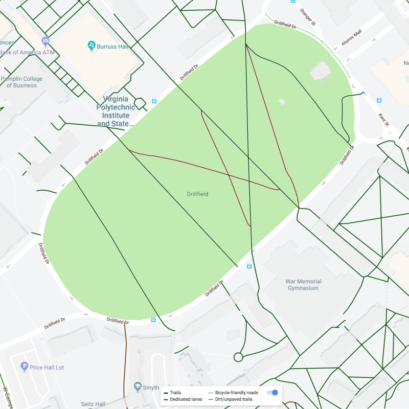 map of drillfield in full color, showing trails in black, dedicated lanes in green, and unpaved trails in brown