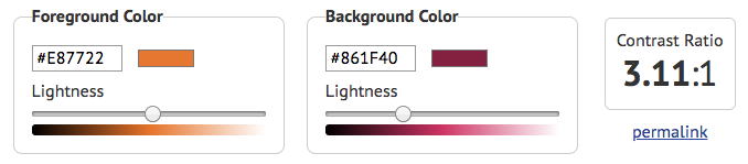 Screenshot of contrast checker showing text fields, color picker, and brightness sliders for specifying color as well as the calculated contrast ratio