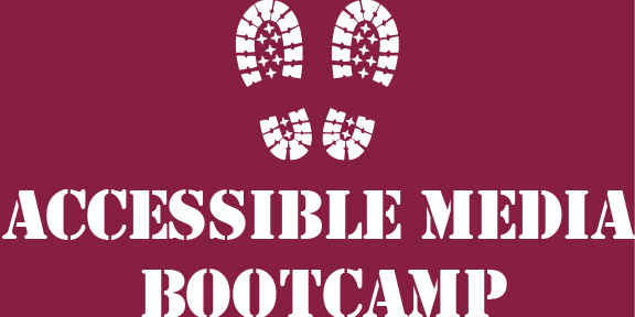 Two white bootprints on a maroon background, with Accessible Media Bootcamp underneath