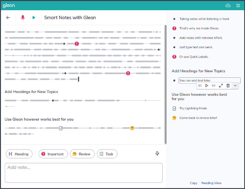 software user interface in two columns. Left column with audio bars followed by text entry box. right column with text and tags track.